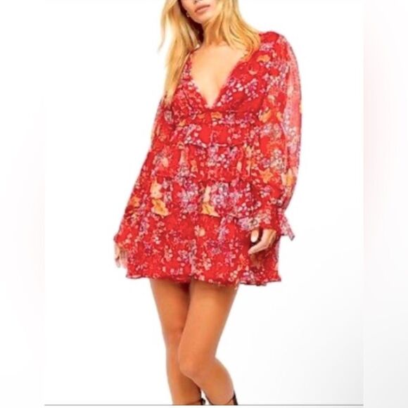 Free People Closer to the heart Red Floral sheer boho ruffle Dress  small - Picture 2 of 3
